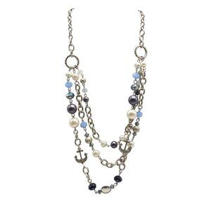 RMN Triple Strand Nautical Faux Pearl Beaded Chain Necklace